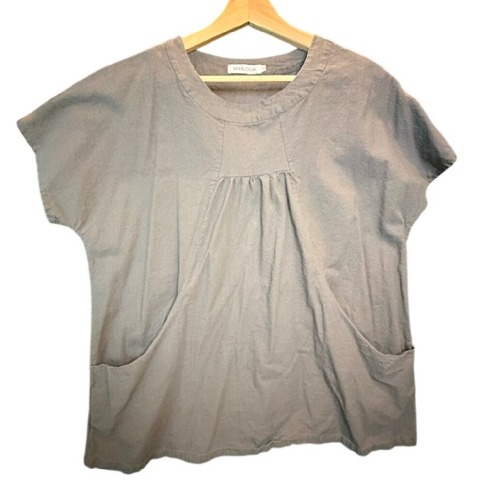 MissLook Gray Womens Blouse Cotton Blend Front Pockets Size 2X